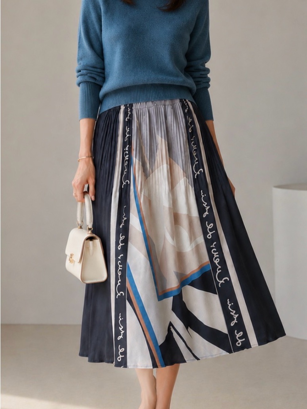 Vintage Navy, Cream & Blue Pleated Panel Midi Skirt
